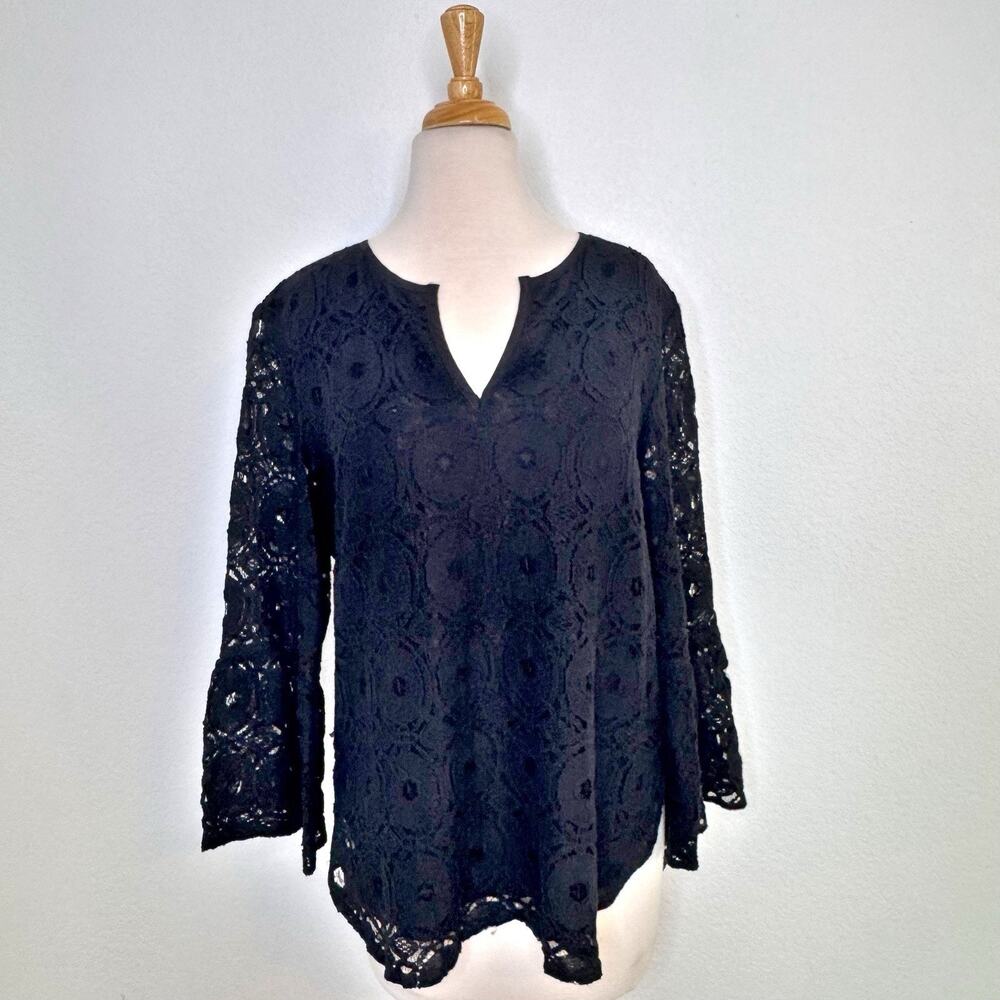 Finley Womens Lace Blouse Size S Black‎ Bell Sleeve Boho Chic Romantic Peasant